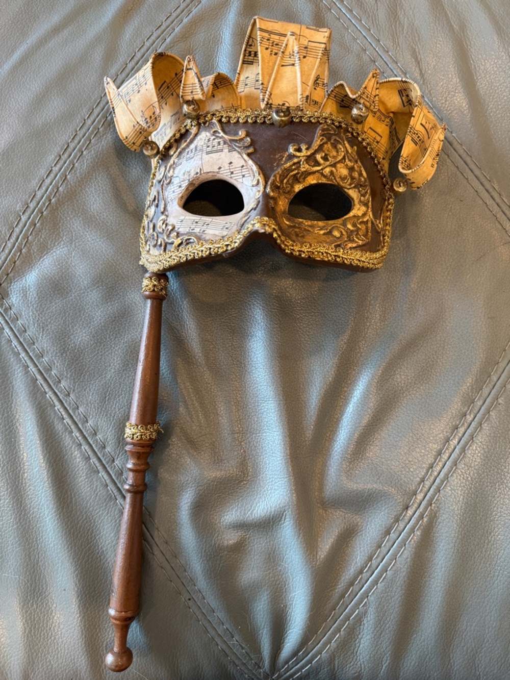 Wayne Kleski Vintage Venetian Handheld Masquerade Mask with Sheet Music Detail